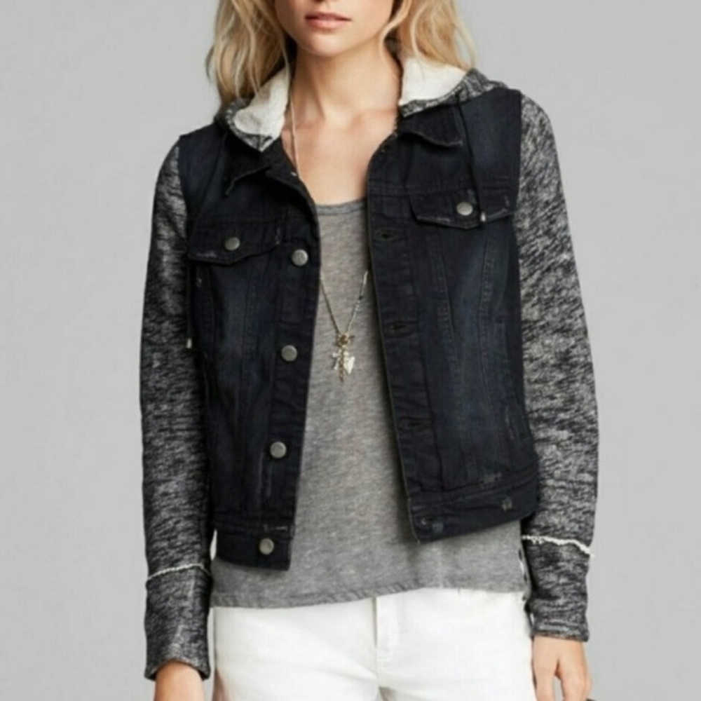 Free People Denim Knit distressed Hooded Jacket knit sleeves casual button up M